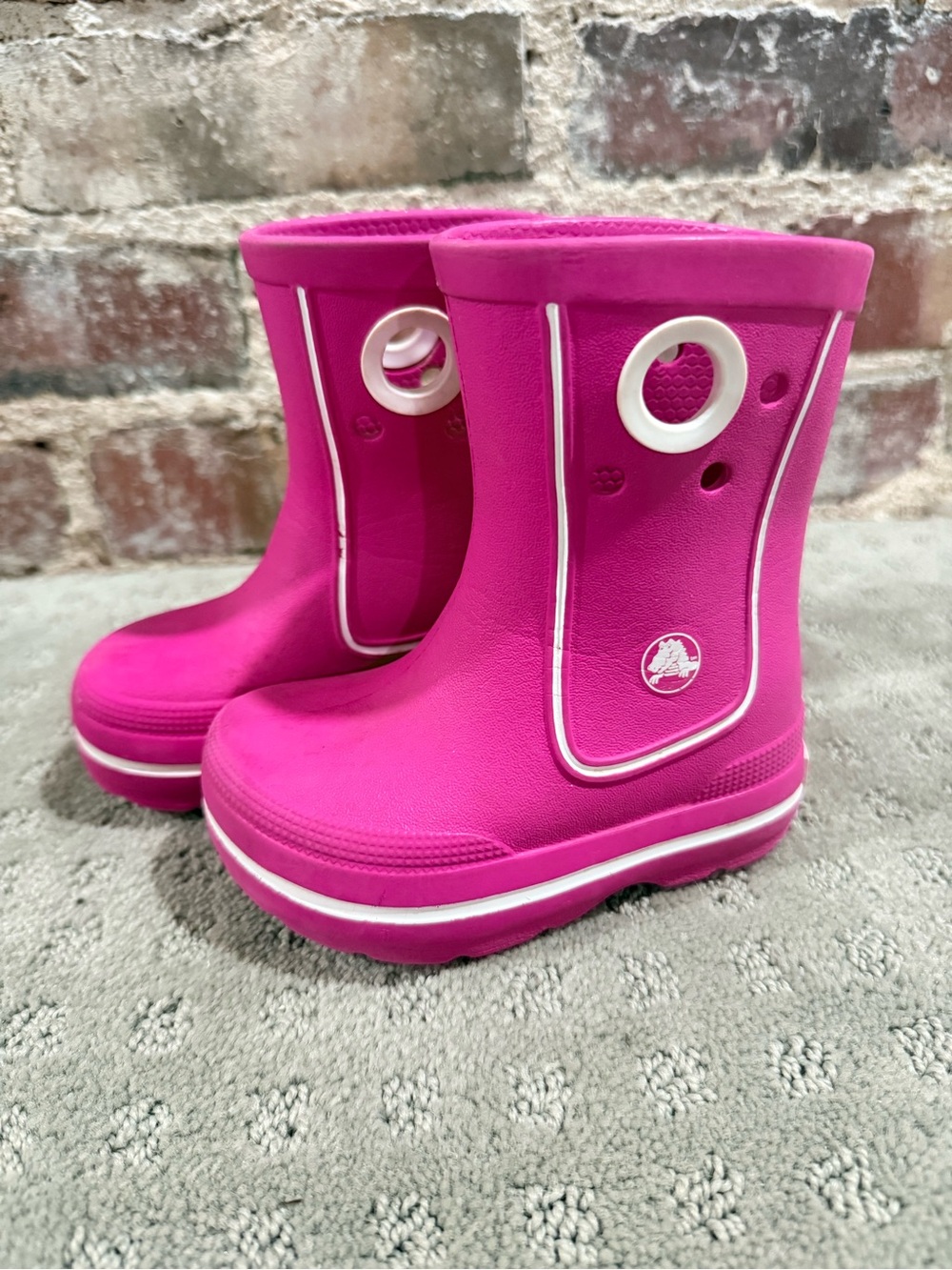 CROCS Kids Hot Pink Waterproof Rain Boots with White Trim